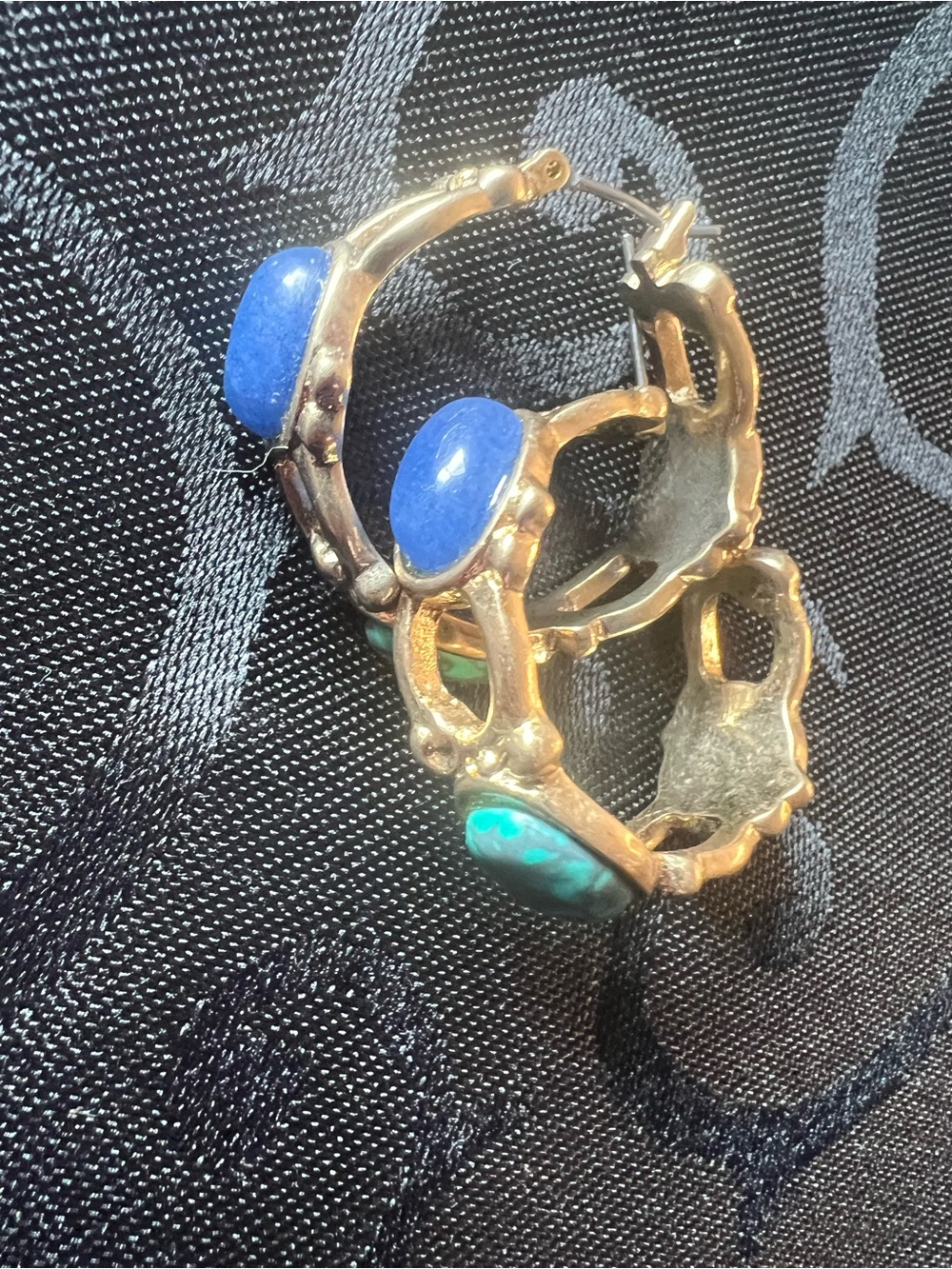 Vintage 80s Gold-Tone Hoop Earrings with Blue and Turquoise Cabochons